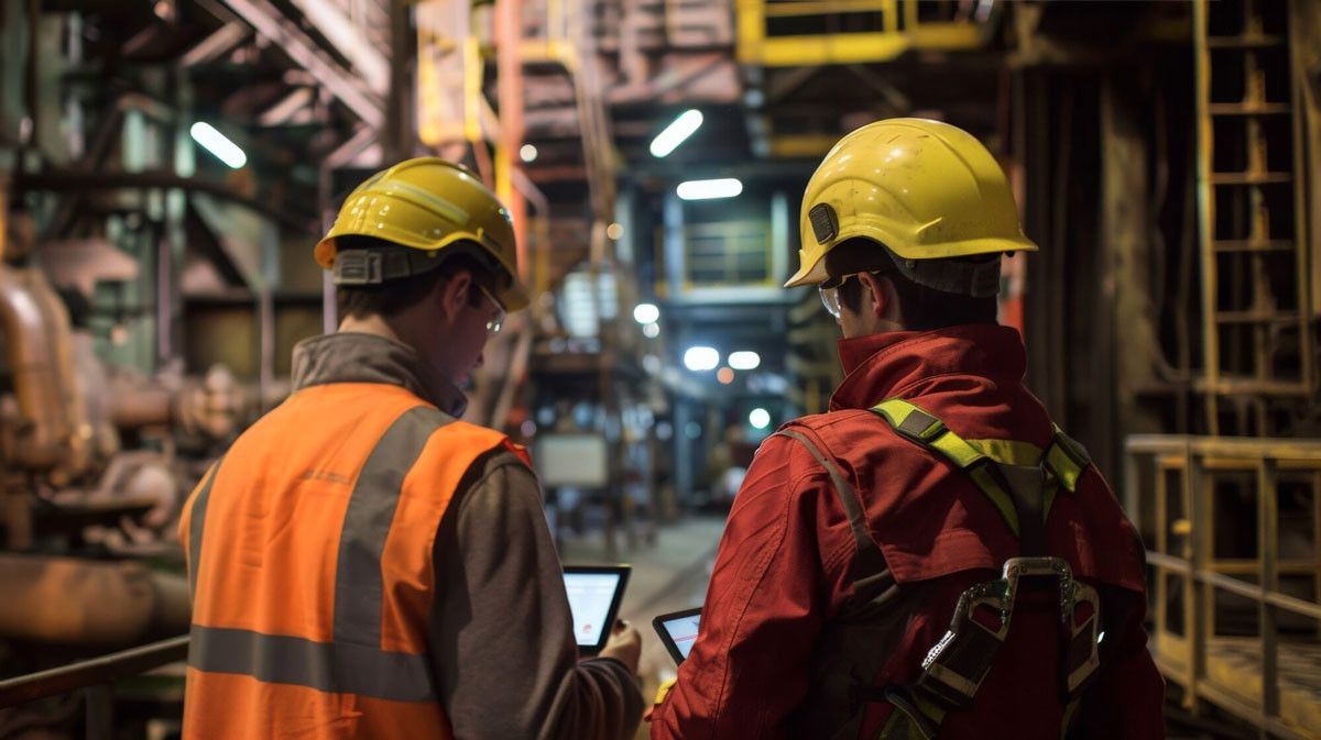 Two workers with tablets in a plant